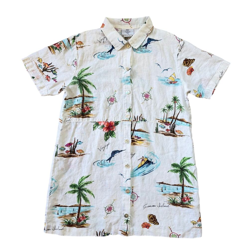Vintage Hot Cotton by Marc Ware 100% Linen Beach Coastal Shirt Dress Women’s M
